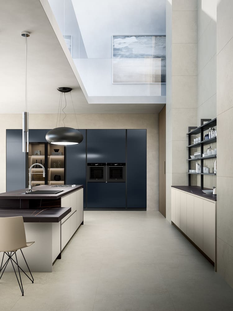 a kitchen with a skylight