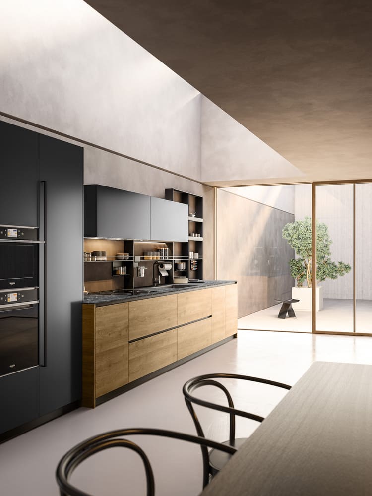 Cuisine Yota Armony de côté avec meuble sombre bois clair mobilier en métal