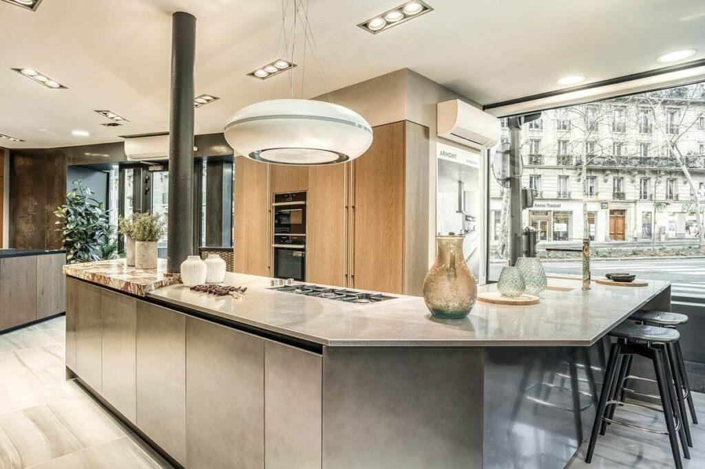 a kitchen with a large island