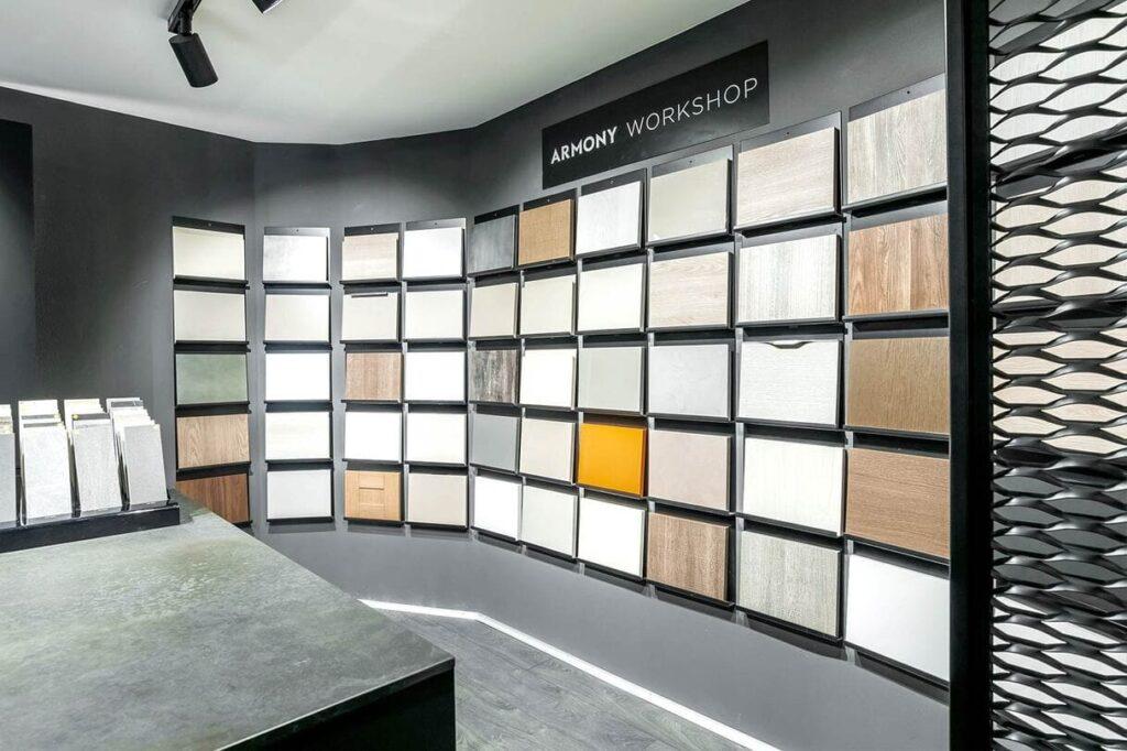 a display of different colors of wood