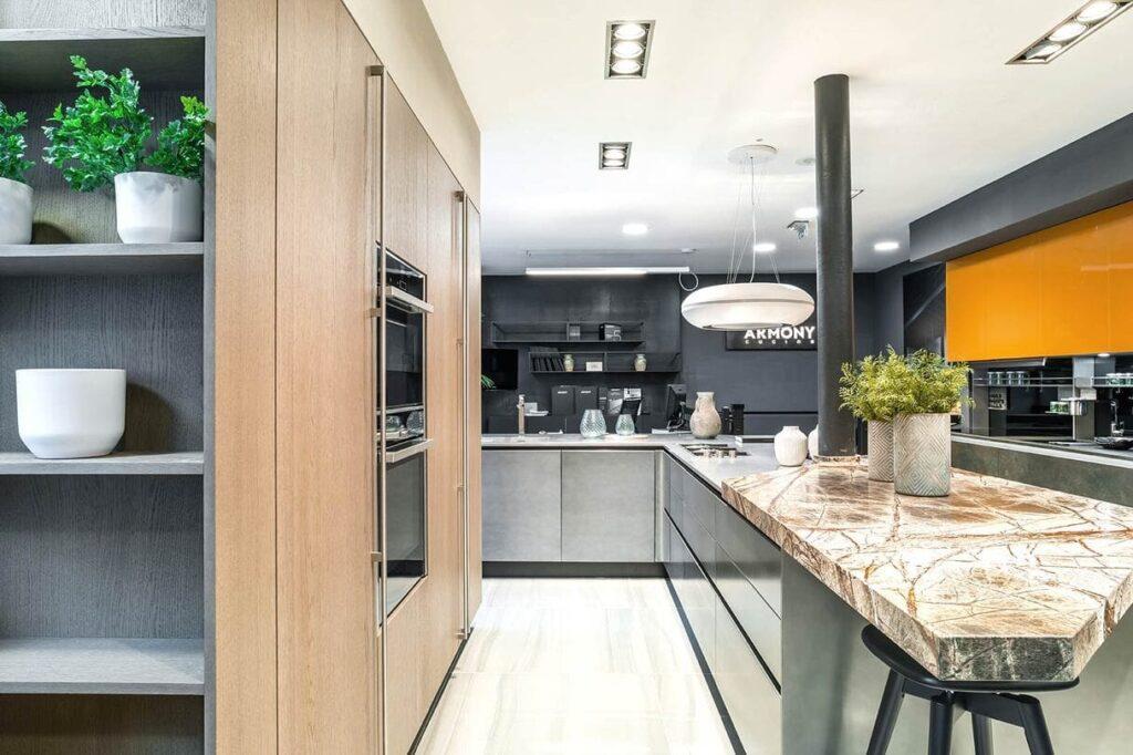 a kitchen with a marble countertop