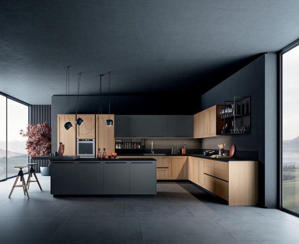 Cuisine italienne noir et couleur bois