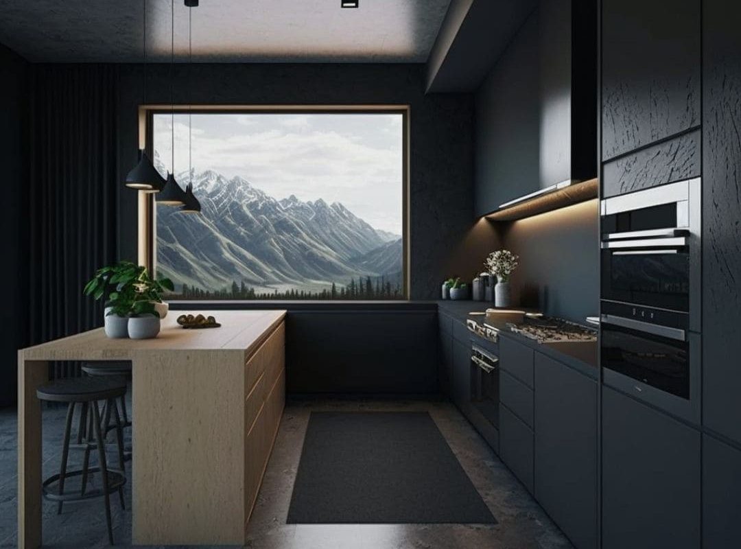 Cuisine italienne meubles noir et table couleur bois