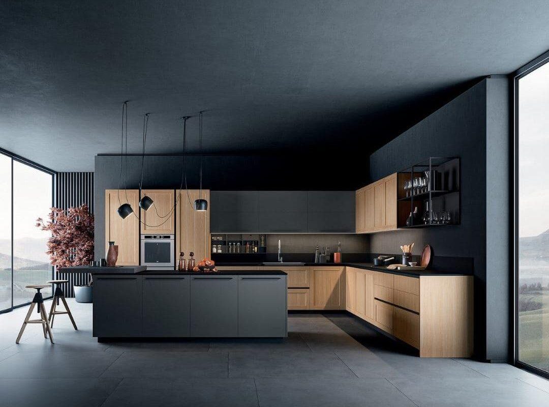 Cuisine italienne noir et couleur bois