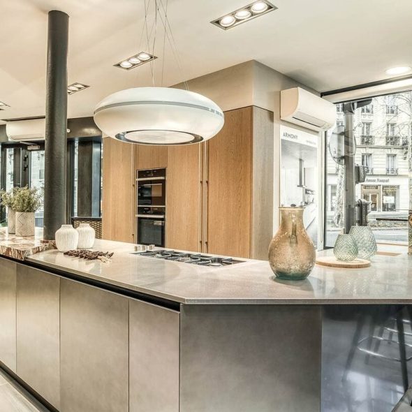 a kitchen with a large island