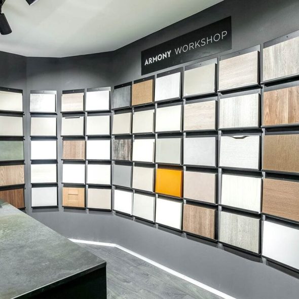 a display of different colors of wood