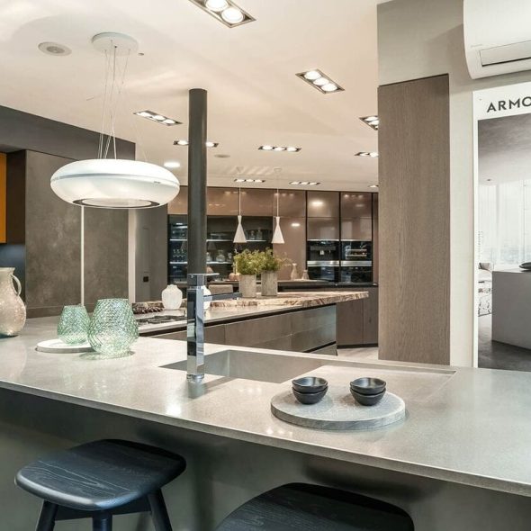 a kitchen with a large island